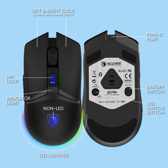 Mouse Gaming RGB Sades Akimbo Dual Mode Lightweight