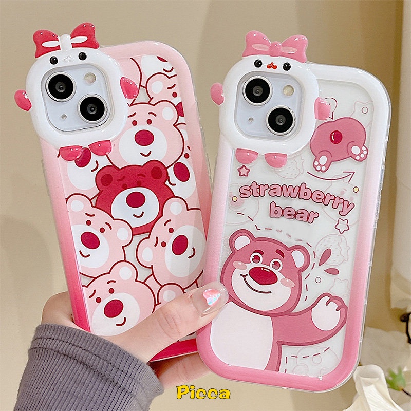 Realme C33 C30 C25Y 9 9Pro+C21Y C31 8 8Pro 7 8i C25 C12 C15 C35 C3 C11 C25s C21 C2 C1 C17 5 7i 6i 9i 5s 5 Lovely Strawberry Bear Manyo 3D Bow-knot Little Monster Lens Sarung