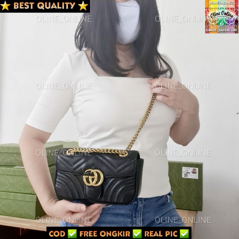 [oline_online] tas wanita selempang kekinian wave motif shoulder marmont 2way convertible small size party size bag gc love red black white gucci