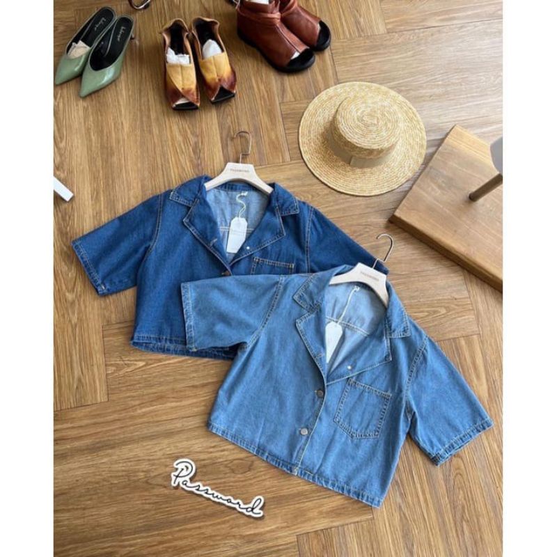 Kemeja Crop Top Oversize Denim Wash Wanita / Blazer Crop Jeans Outfit Jeans Korean OOTD Remaja | Fashion Hits Kekinian OOTD Viral Terbaru