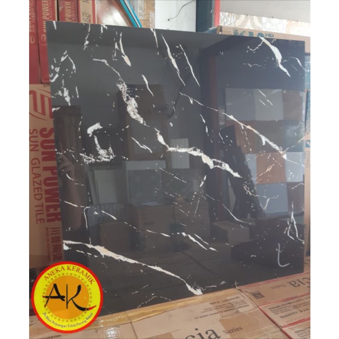 Granite Granit Meja Dapur/Ruangan Motif Marmer Random Hitam Motif Glossy 60x60 Leona Black