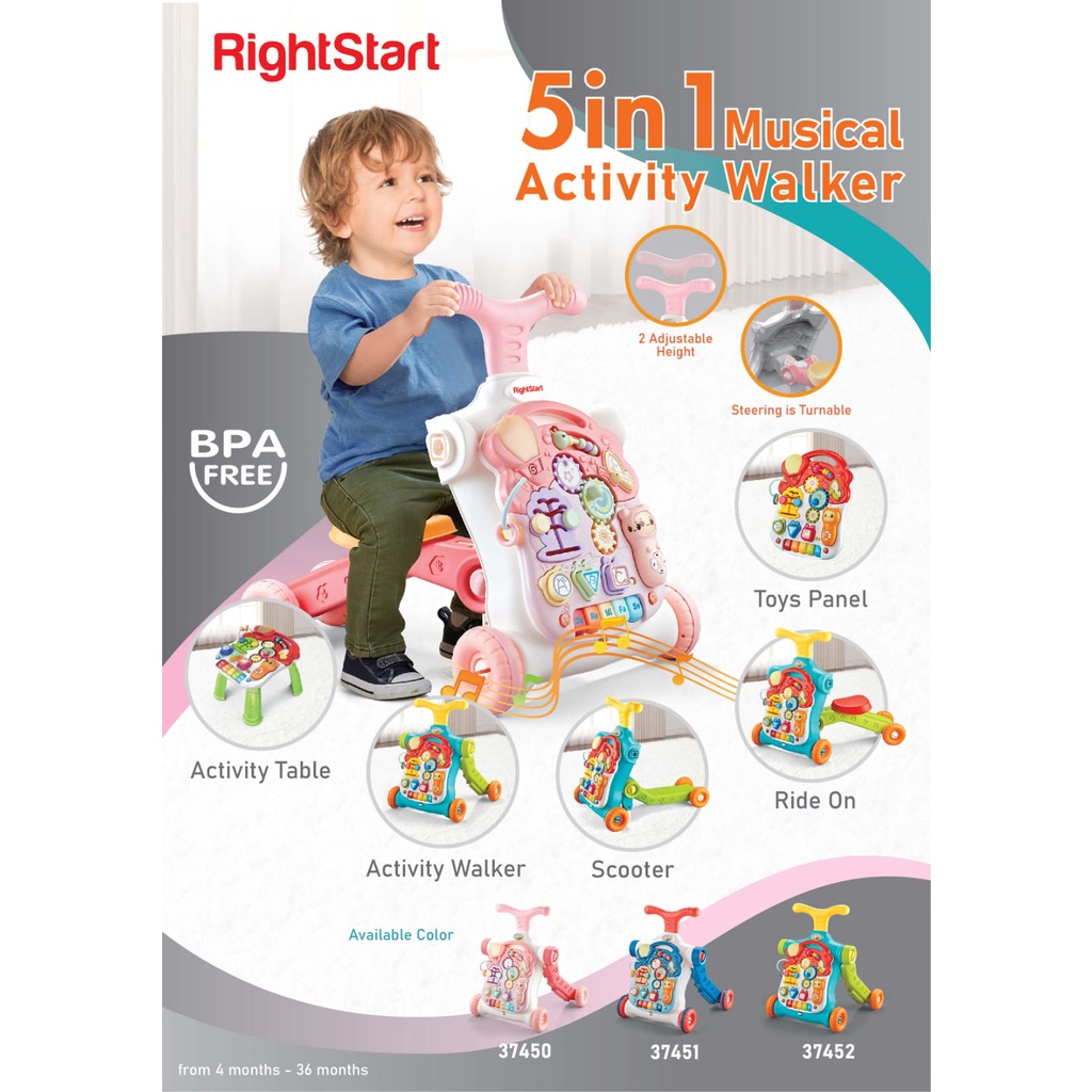 Right Start 5 in 1 and 2 in 1 Musical Activity Baby Push Walker - Mainan Dorong Table Mini Car Musik Jalan