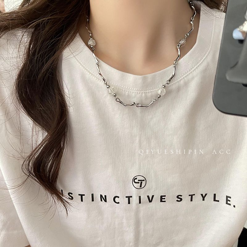 Suhao niche desain rasa tidak teratur logam jahitan bola kalung ins angin dingin kalung rantai klavikula perempuan high-end sense
