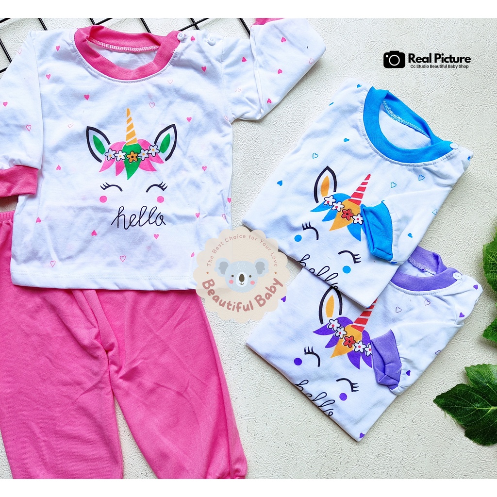 Setelan Piyama Bayi Perempuan 3-12 bulan Motif Unicorn / Setelan Baju Bayi Panjang / Celana Panjang Bayi / Baju Bayi Perempuan / Beautiful Baby Shop