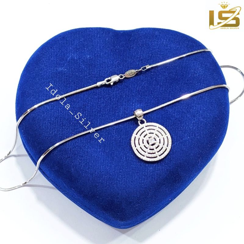 KALUNG PERAK ASLI SILVER 925 LAPIS EMAS PUTIH MODEL LIONTIN BULAT PERMATA KELILING - PERHIASAN PERAK WANITA ASLI
