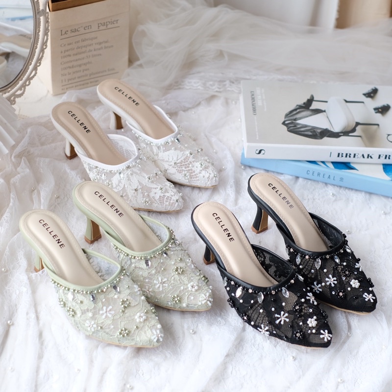 𝗖𝗘𝗟𝗟𝗘𝗡𝗘 Flowery Beads Heels / Sepatu pengantin payet selop wedding shoes hak runcing 5cm