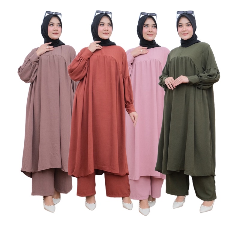 Nadia One Set Crinckle Polos Jumbo LD 120 | Atasan Tunik Celana Kulot | Setelan Wanita Premium Jumbo