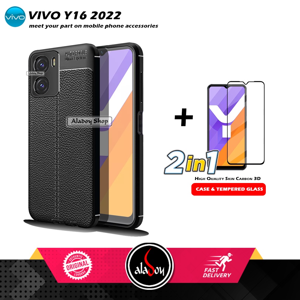 Case Vivo Y16 Softcase Leather + Tempered Glass Layar Full Cover