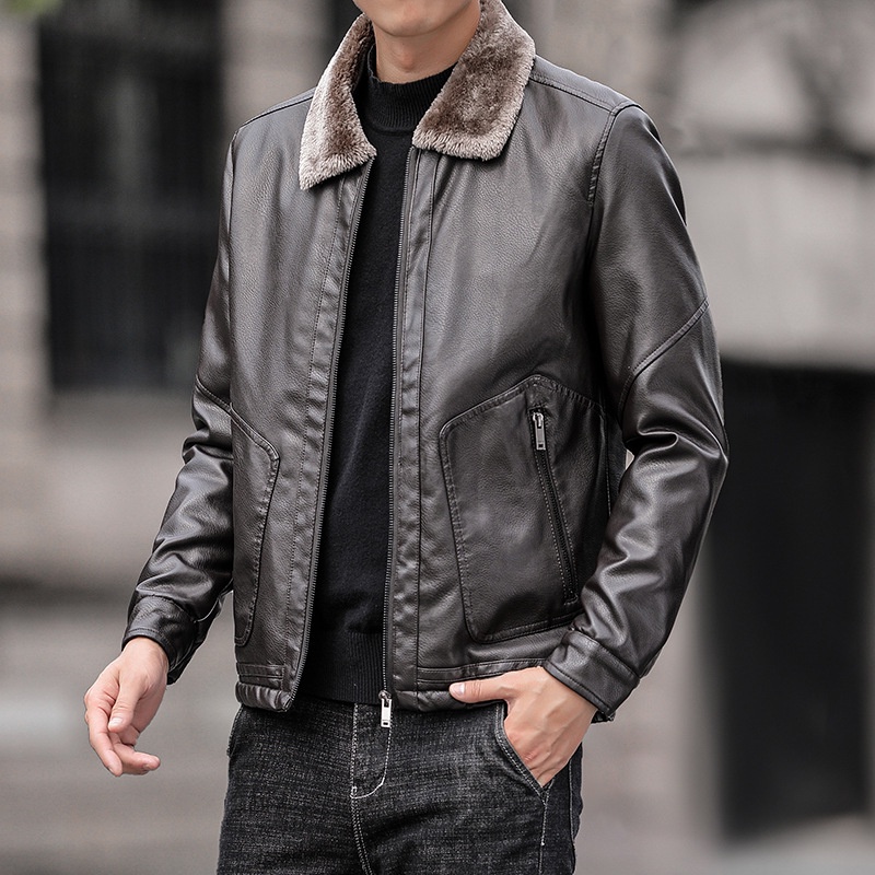 Bulu Berlapis Mantel Pria Pria Tren Fashion Pria Kulit PU Mantel Bulu Terintegrasi Kerah jaket Kulit