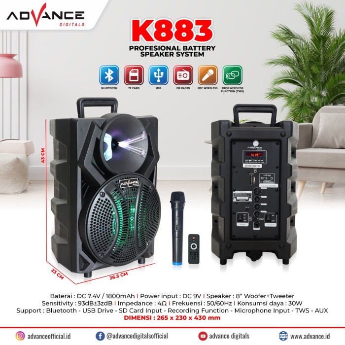Speaker Advance K883 Portable Bluetooth 8 Inch