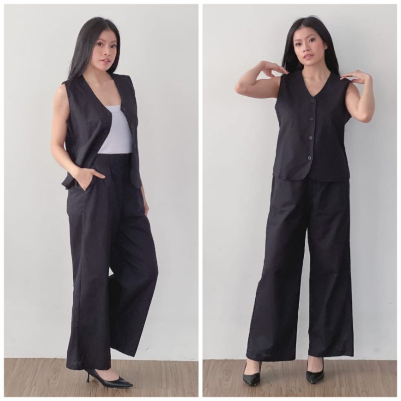 ⚡️CLEARANCE SALE ♡ PREMIUM ♡ ORIGINAL ! SHERLYN 2 IN 1 SET BUTTON  VEST OUTER WITH LONG CULLOTE PANTS / SETELAN  ROMPI  &amp; CELANA KULOT PANJANG ( HIJAB FRIENDLY )