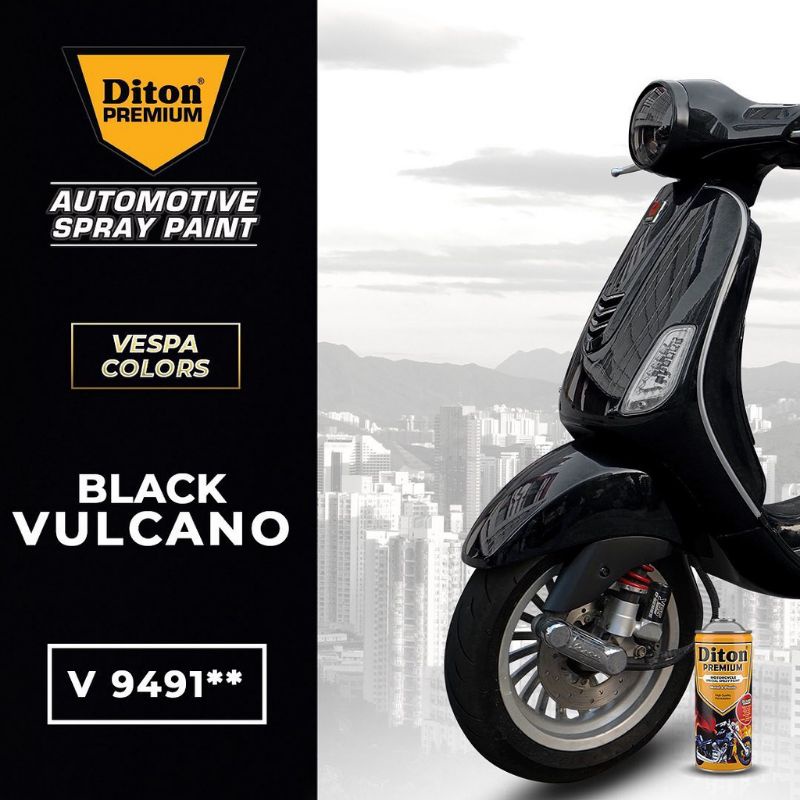 DITON PREMIUM V 9491 BLACK VULCANO CAT SEMPROT SPRAY PAINT WARNA HITAM VESPA PIAGGIO tahan bensin bu