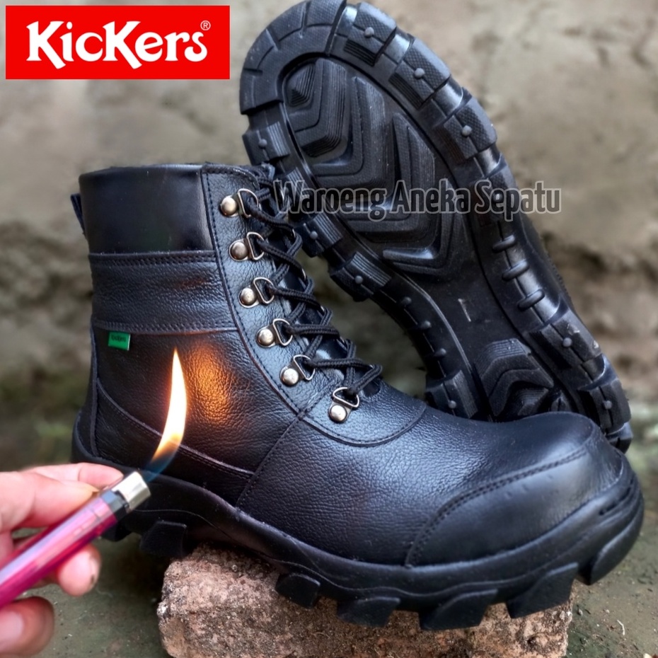 Sepatu Boots Safety Kickers King Resleting Kulit Asli Ujung Besi Touring Bikers Semi Boots Low Tali 