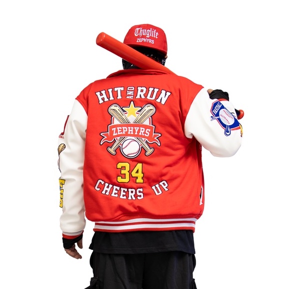 VARSITY Jacket Baseball HIT AND RUN CHEERS UP BORDIR