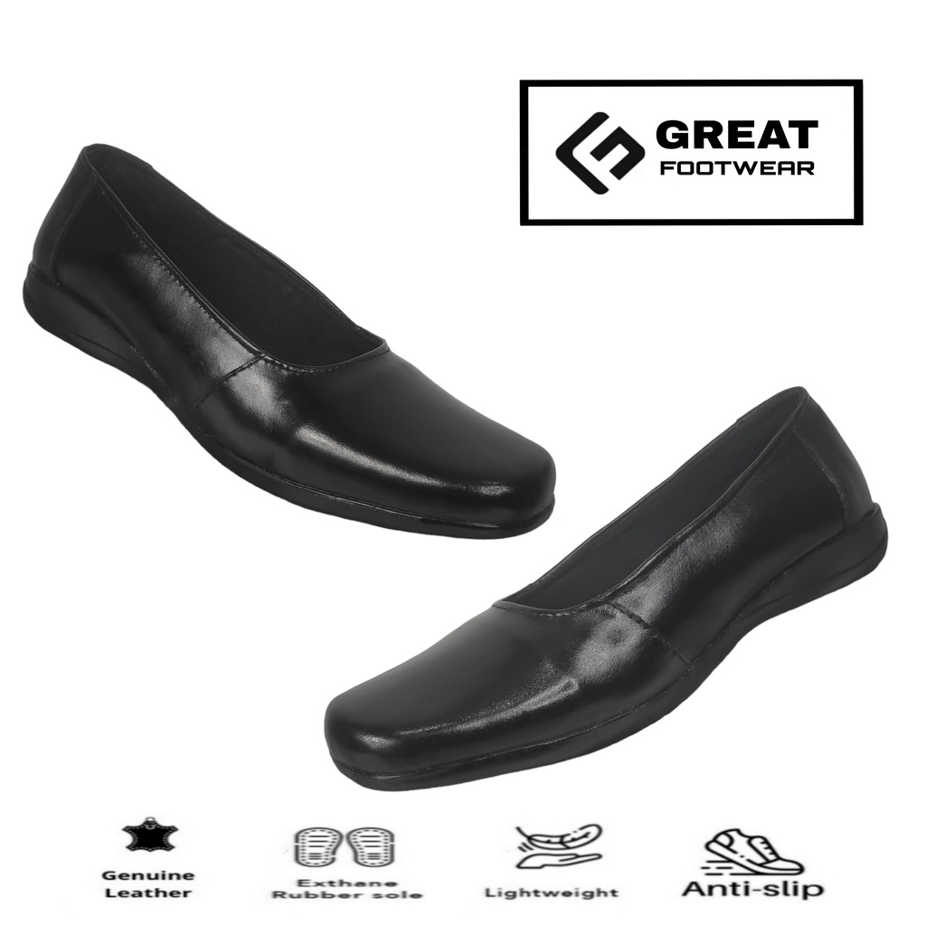 Sepatu Pantofel Wanita Kulit Asli Sepatu Flat Balet Kerja Kantor Sekolah Casual Formal Hitam Kulit Asli Termurah Great Footwear P671