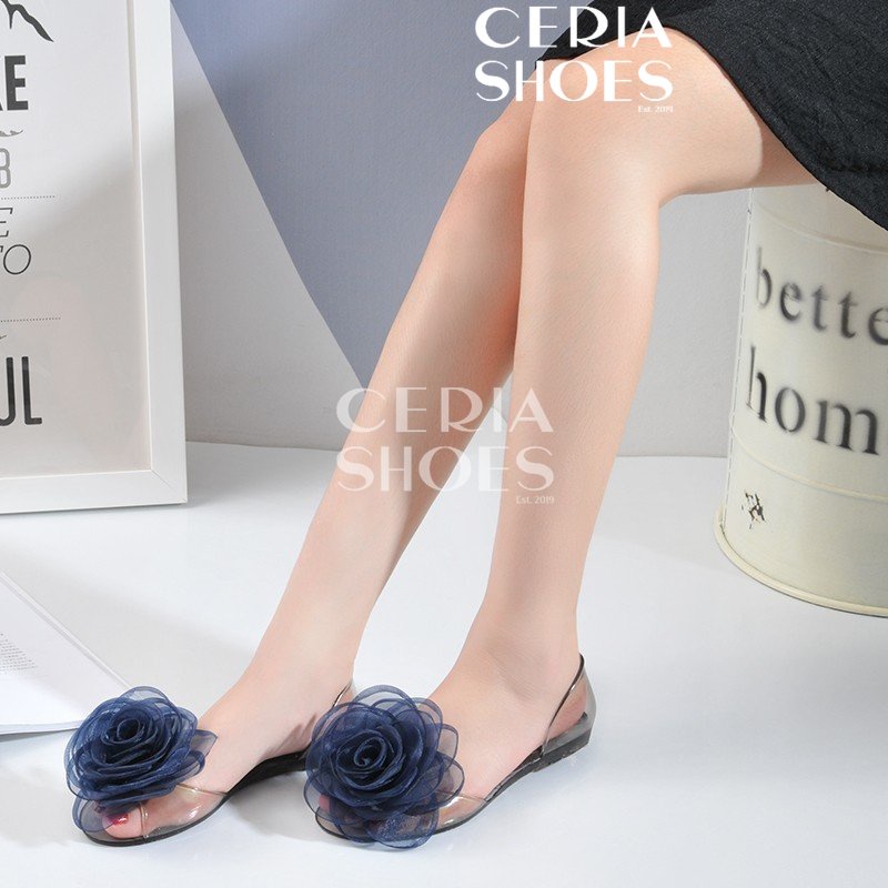 Sepatu Jelly Flat Teplek Bunga Import Karet Non-Slip Lentur Elastis 186 Sandal Kaca