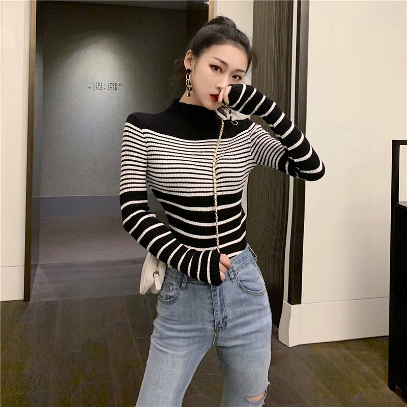 Musim Gugur Retro Bergaris Warna Kontras Kerah Tinggi Pullover All-Match Lengan Panjang Sweter Rajutan Wanita Slim Slim bottoming Kemeja Trendi