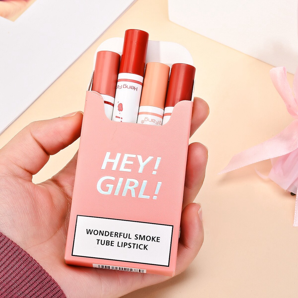 Beauty Jaya - Lipstik Hengfang Hey Girl Matte 4in1 Tahan Lama Lipstik Smoke Viral [ 1BOX ISI 4PCS ]