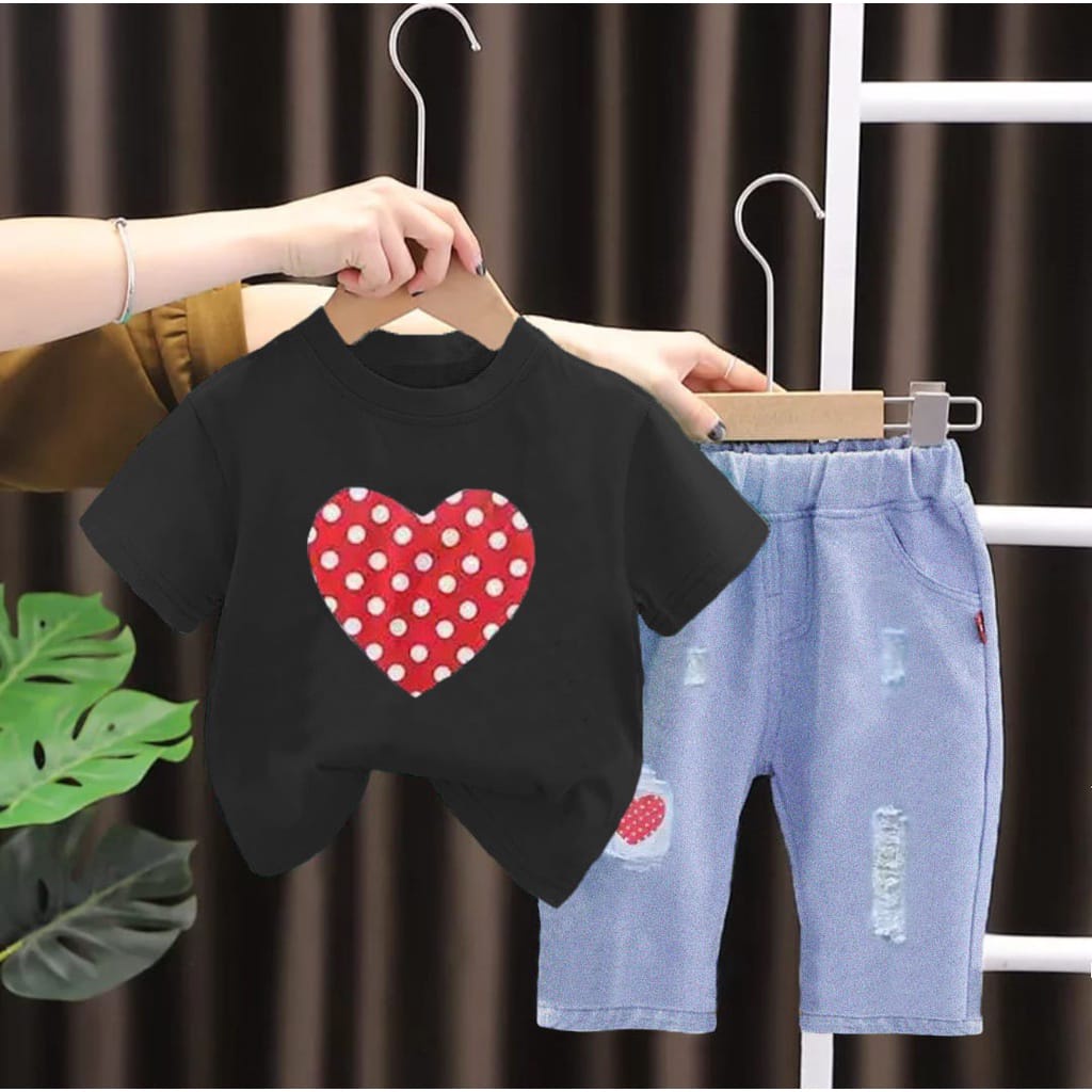 SETELAN ANAK BAJU KAAOS LENGAN PENDEK CELANA PANJANG BAHAN DENIM UMUR 1-5 TAHUN