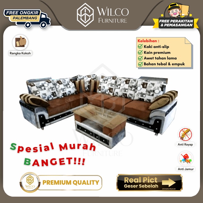 Sofa L Veronica Minimalis Bludru Coklat / Sofa L Kecil Modern
