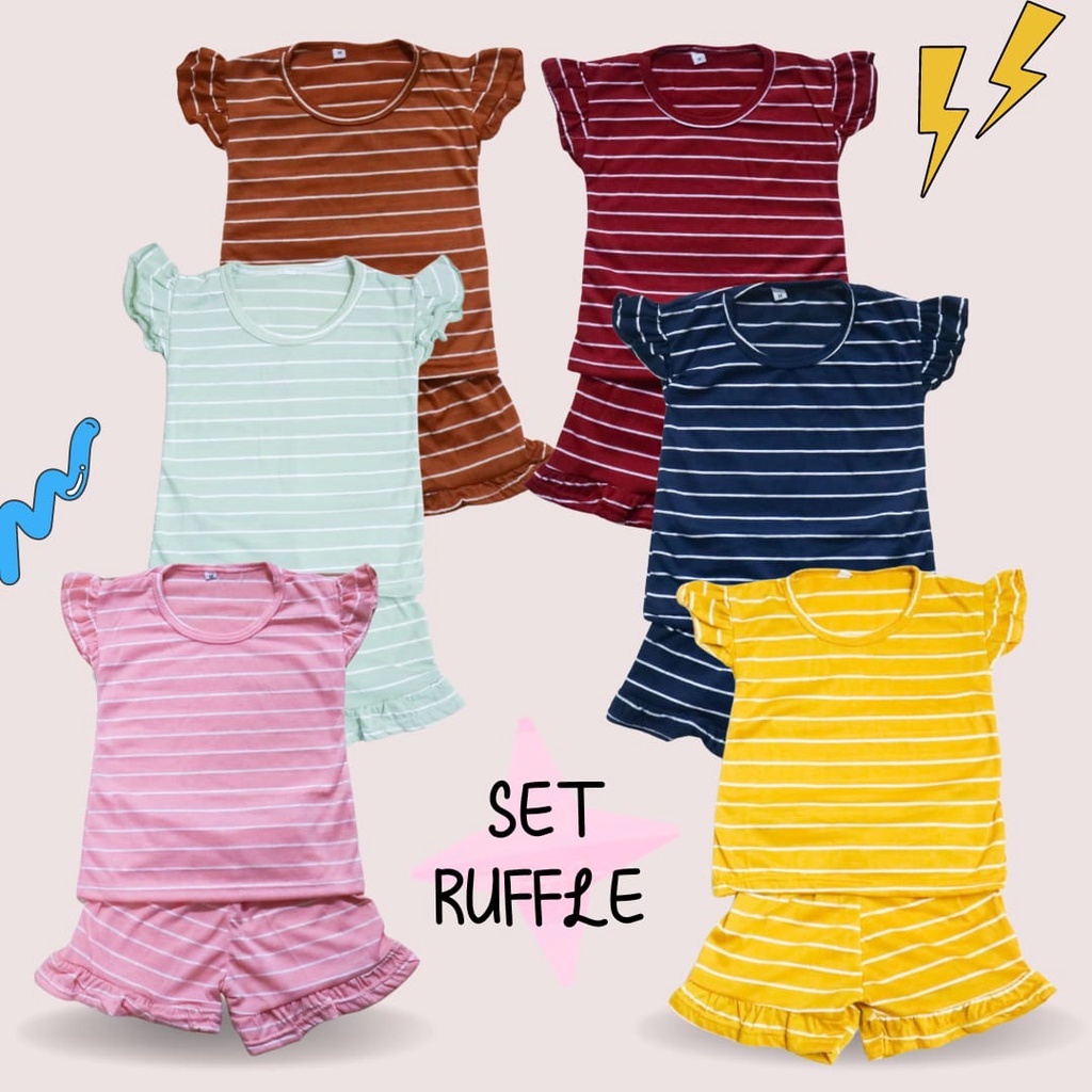 BabynKids - Setelan Anak Perempuan / Setelan Anak Ruffle Set / Set Salur Ruffle Anak / Setelan Anak Harian