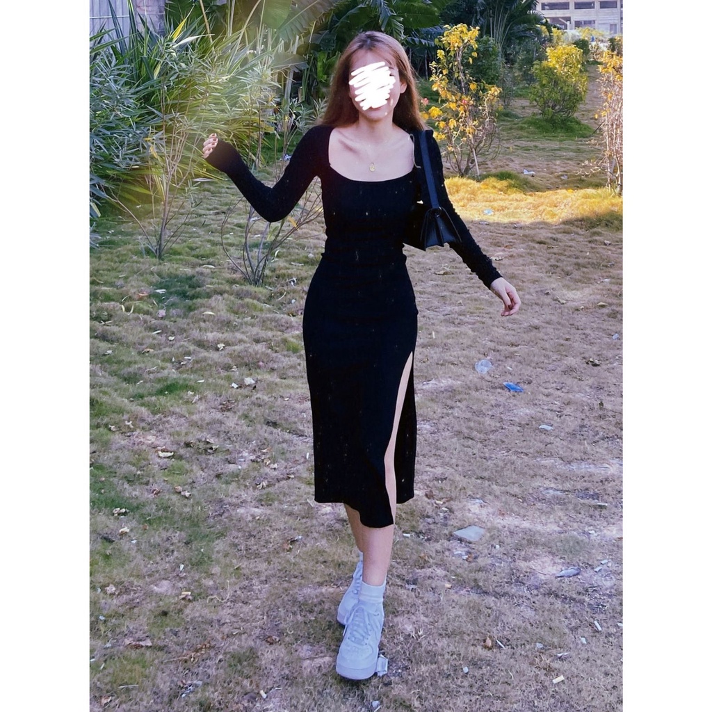 Pure desire babes show figure slit black dress women s summer tight and thin elastic package hip over knee long skirt trendy