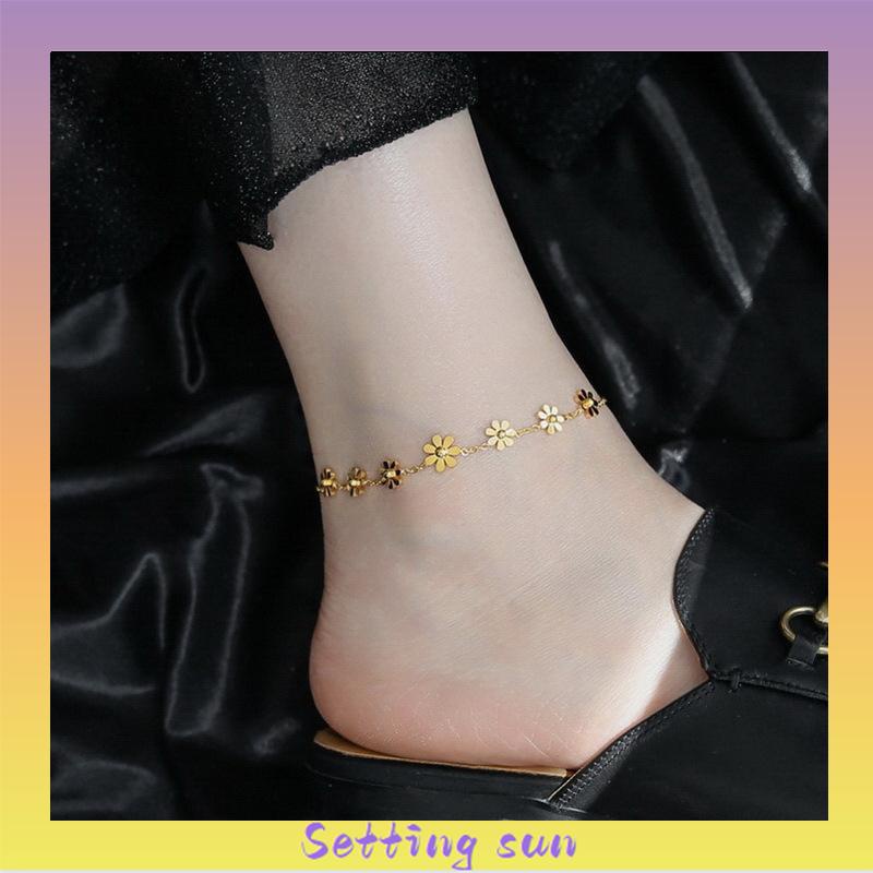 Gelang Kaki Titanium Anti Karat Daisy Bunga Kamelia Emas 18k Perhiasan Wanita Korea TN