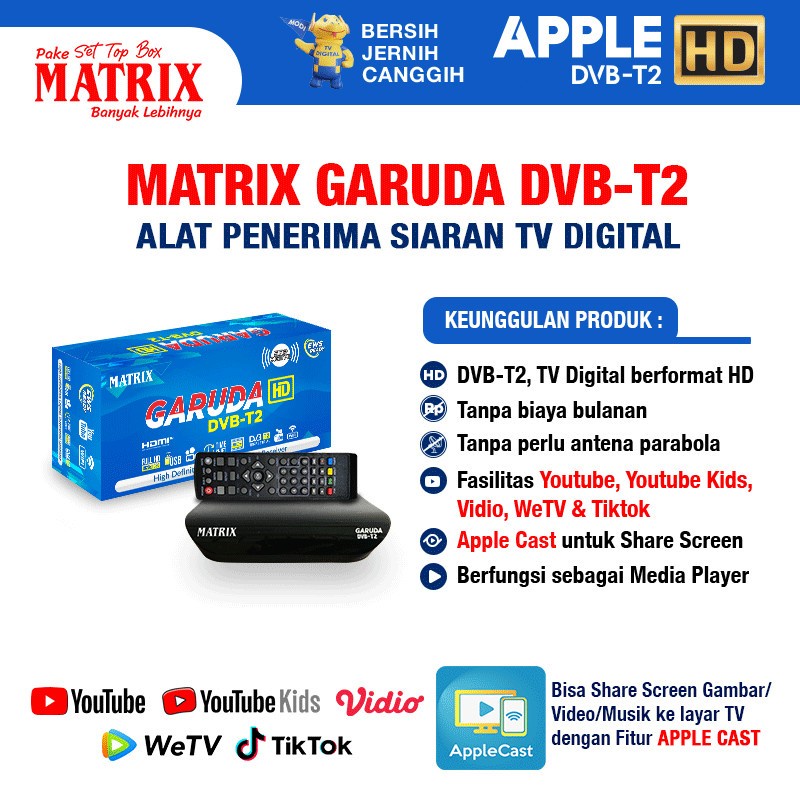 Set Top Box Matrix Garuda DVB T2 Receiver Siaran TV Digital HD 1080p