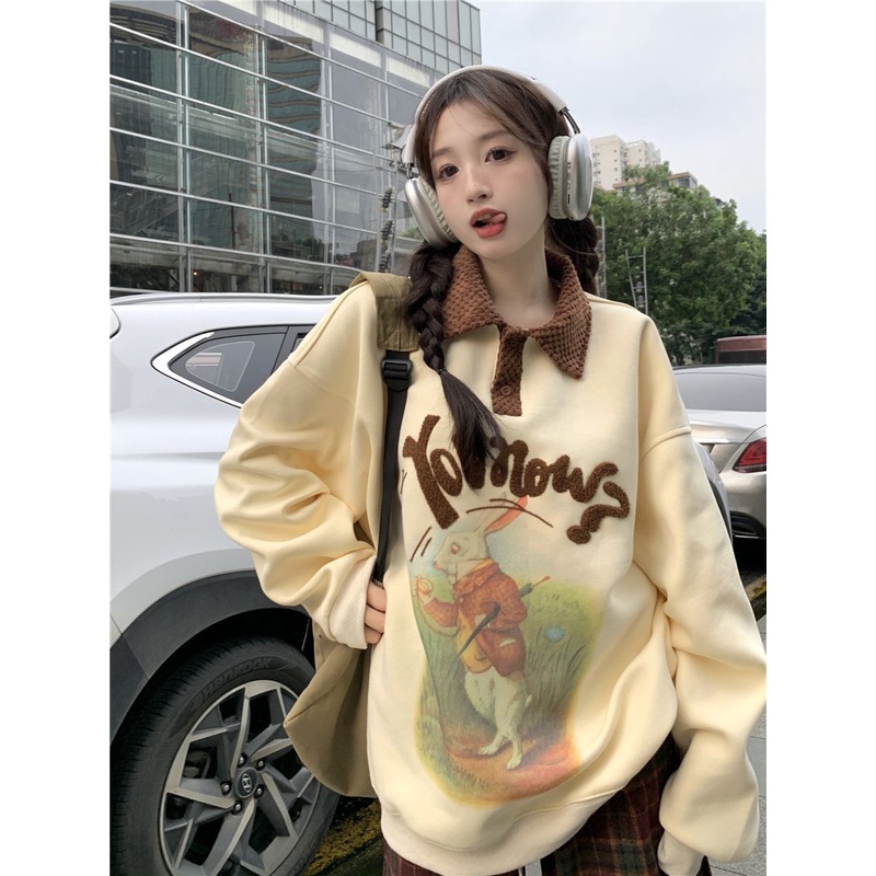 Kaos Polo Katun Murni Sweater Gadis Pelajar Versi Korea Longgar Kelinci Cetak Huruf Bordir Beberapa Atasan Lengan Panjang