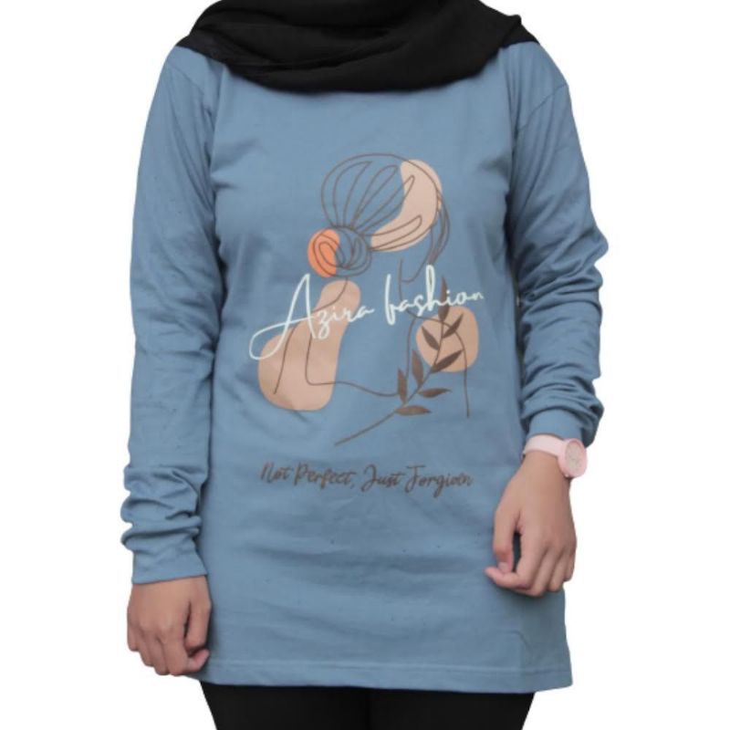 kaos wanita lengan panjang warna biru denim terbaru/atasan wanita AZIRA hijab fashion termurah dan t