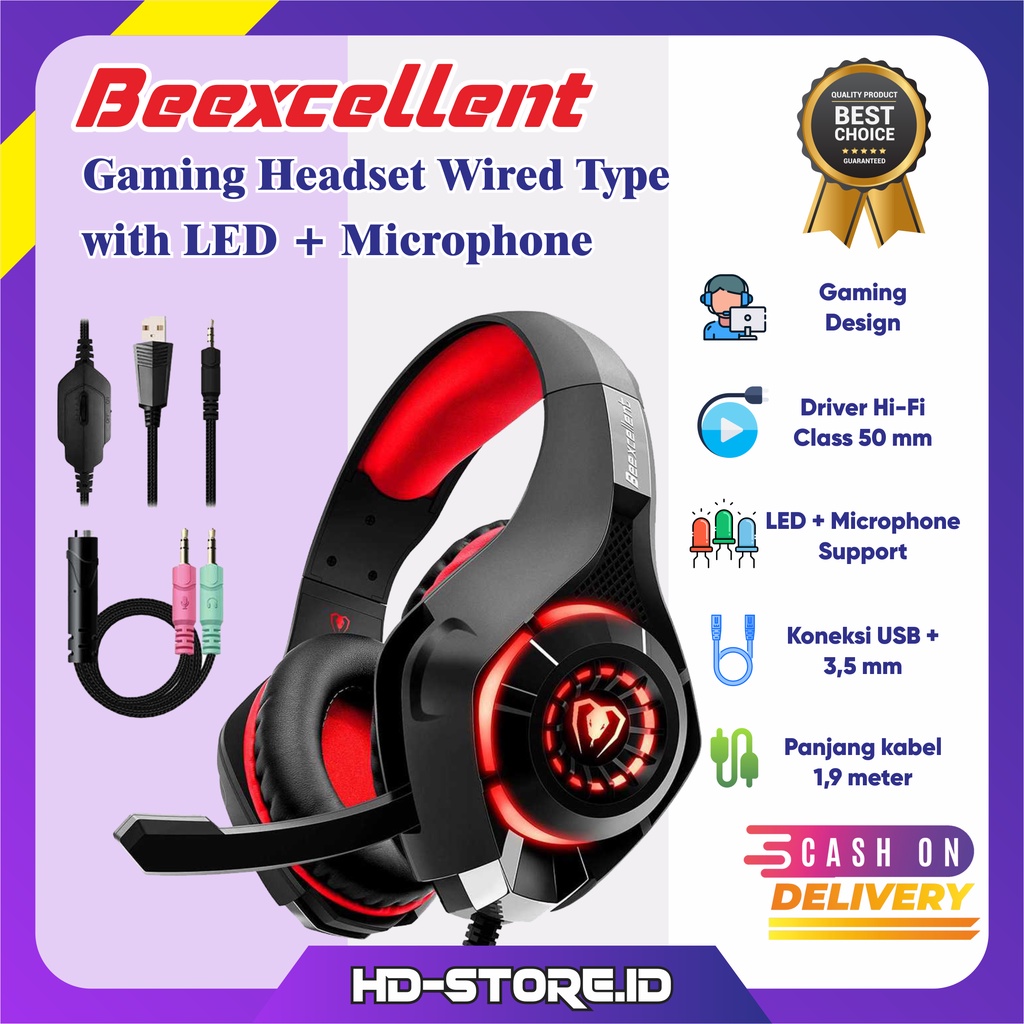 Beexcellent Headset Gaming With Mic Headphone Premium Hedset Game LED Support Wired Type USB + 3,5 m