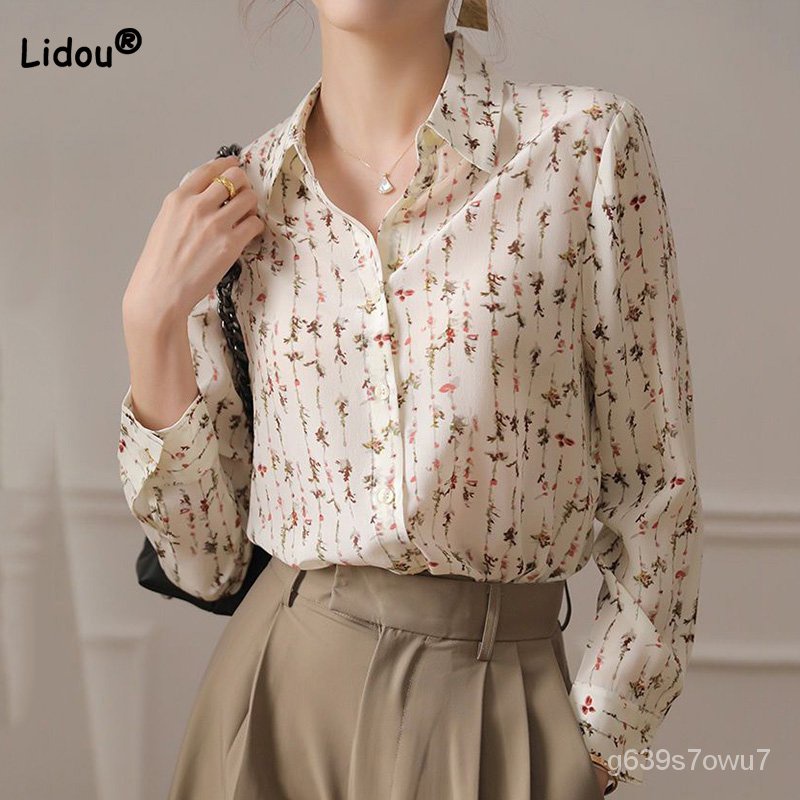 Fashion Wanita Blus 2022 Rusak Bunga Printing Lengan Panjang Blus Sifon Longgar Musim Gugur Kantor P