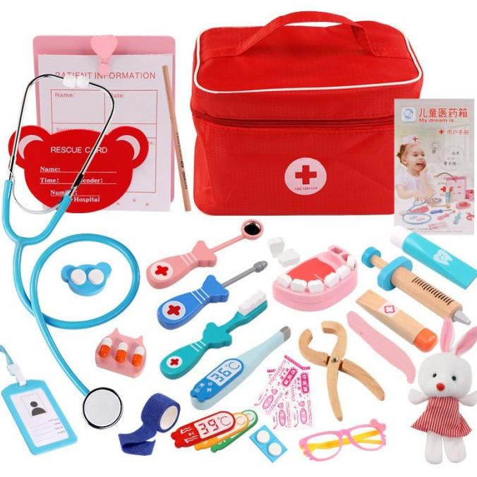 Kids Play Pretend Wooden Doctor Medical Set Kit Mainan Edukasi Anak