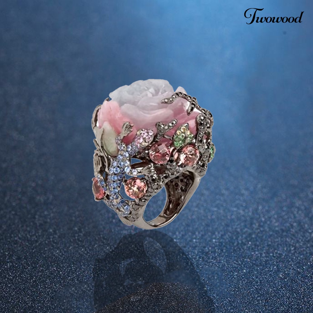 Cincin Motif Bunga Peony Lizard Aksen Berlian Imitasi Untuk Wanita