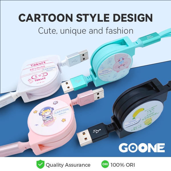GOONE Kabel Data Retractable 3 in 1 Bergambar Lucu Type C Micro USB Lighting 1M Data Cable Original