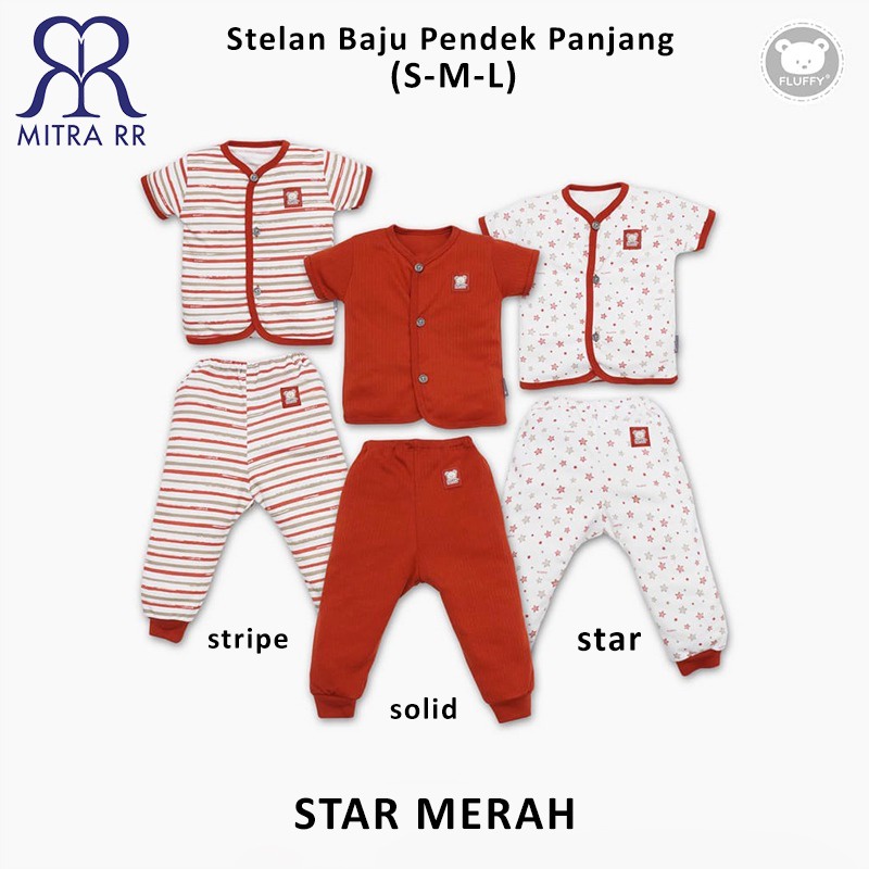 FLUFFY Stelan Baju Kancing Pendek Celana Panjang STAR S M L (3-12 bulan) Setelan Baju Bayi 3 Pasang