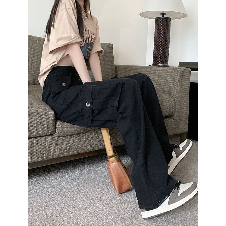 Red Jeans perkakas kaki lurus gaya Amerika wanita 2022 musim gugur baru gadis panas pinggang tinggi longgar desain tugas berat celana lebar kaki