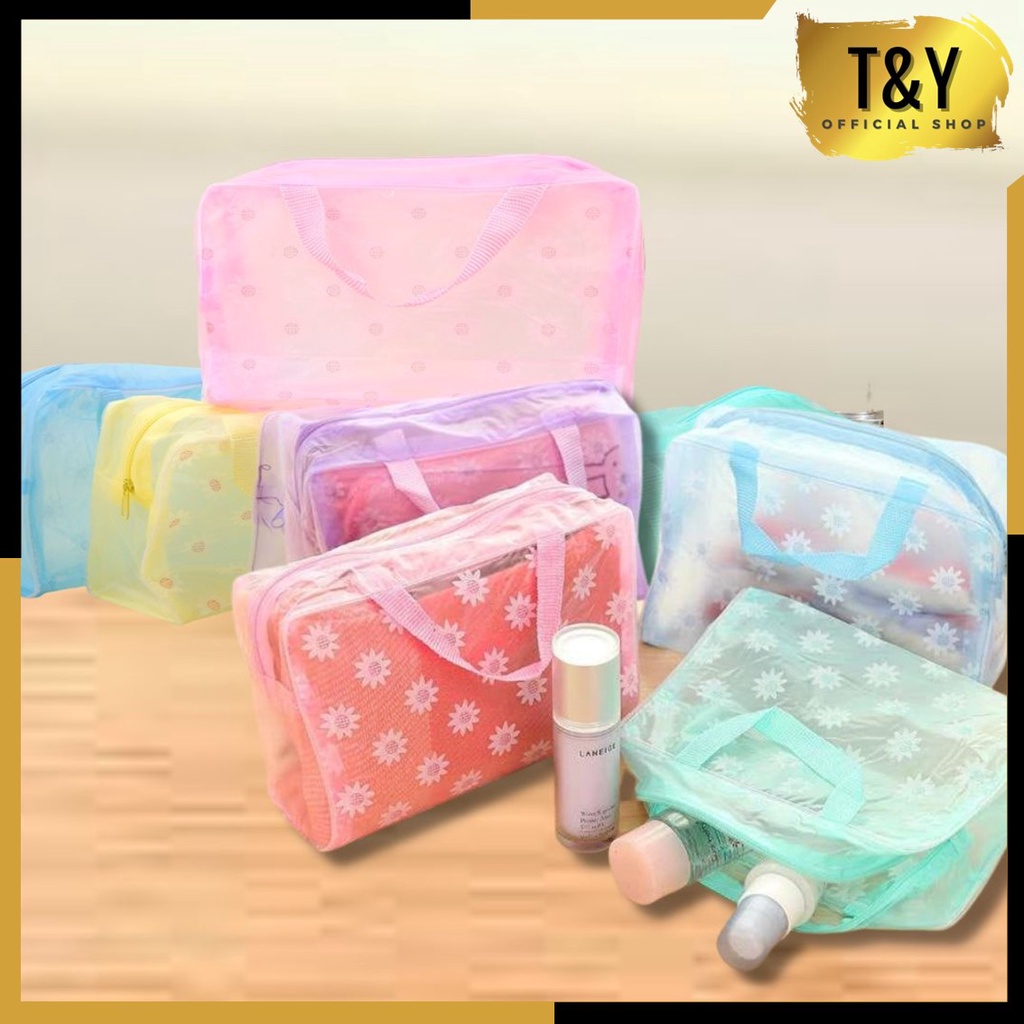 T&amp;Y Tas Plastik Transparant Anti Air Motif Bunga Daisy Pouch Make Up Waterproof Travelling Bag Tas Kosmetik Murah Import