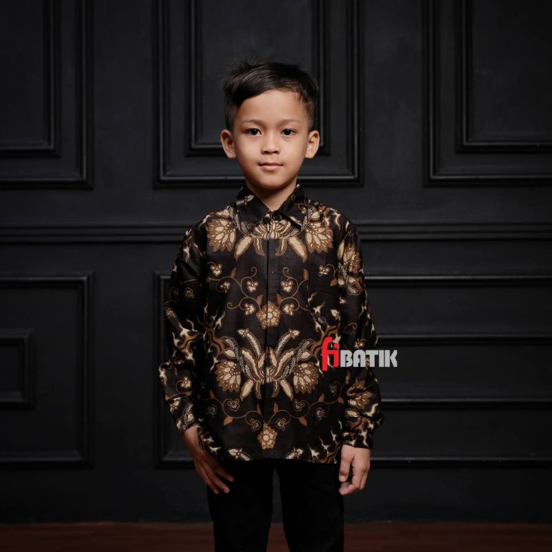 Couple Kemeja Batik Ayah Dan Anak Laki-laki Lengan Panjang Motif Keris Warna Hitam