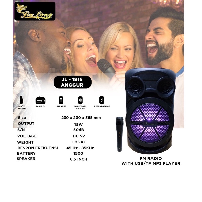 Speaker Mic Bluetooth Portable Jinlong JL1915 Anggur 6.5&quot; Inch Karaoke