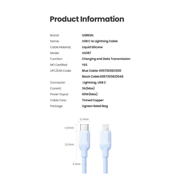 UGREEN Kabel Lightning (MFI) to USB-C Colours Silicon - US387