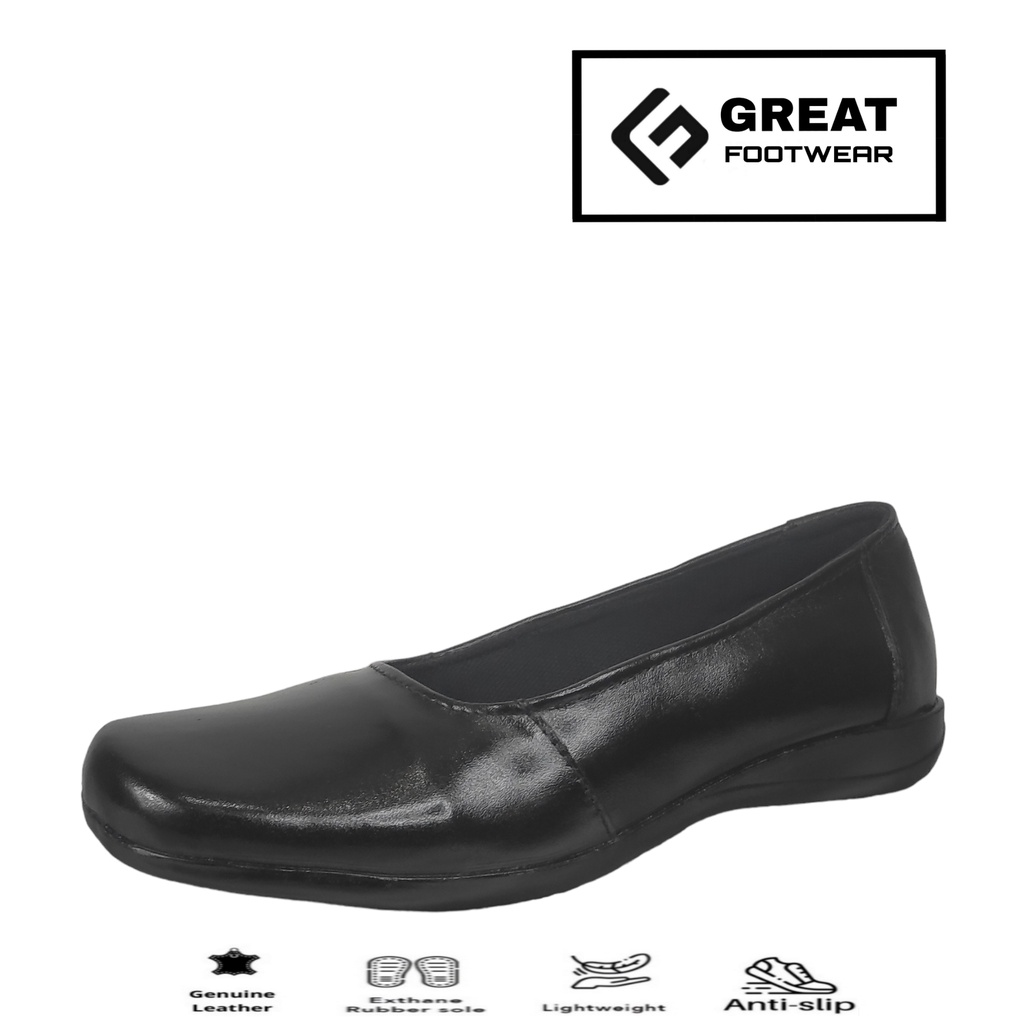 Sepatu Pantofel Wanita Kulit Asli Sepatu Flat Balet Kerja Kantor Sekolah Casual Formal Hitam Kulit Asli Termurah Great Footwear P671