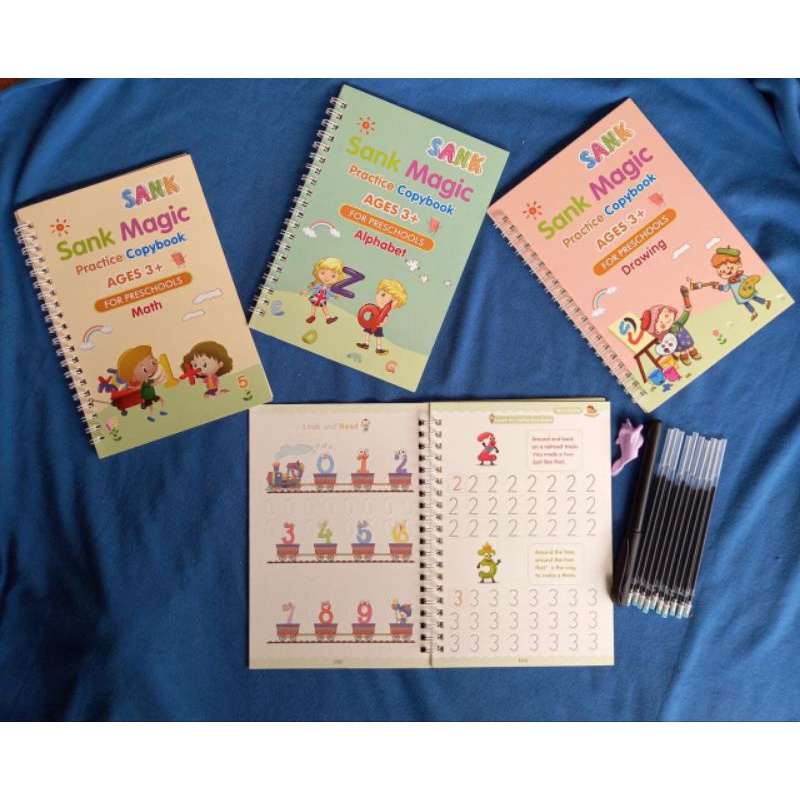 buku sank magic practice book 1 set isi 4 buku dan pulpen plus Refill 10 pcs/ alat belajar anak menggambar menulis dan membaca