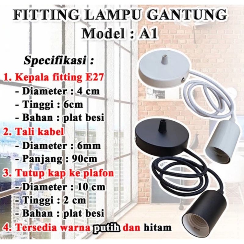 Fitting lampu gantung E27 Panjang 1 Meter warna Hitam Putih Plat besi Fiting Standar Cafe Dekorasi 1M