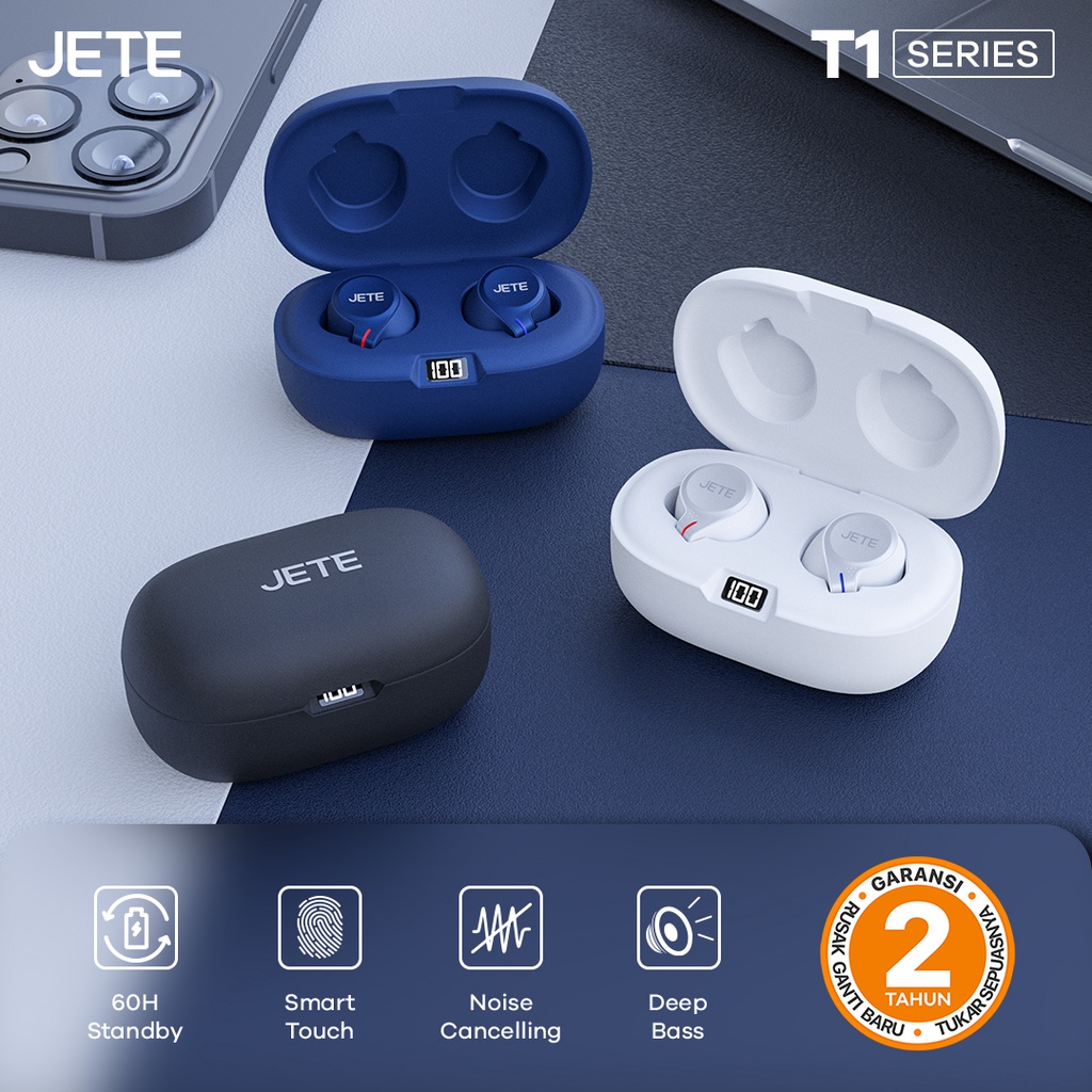 TWS Earbuds Headset Bluetooth JETE T1 LED  - Garansi Resmi JETE  2 Tahun
