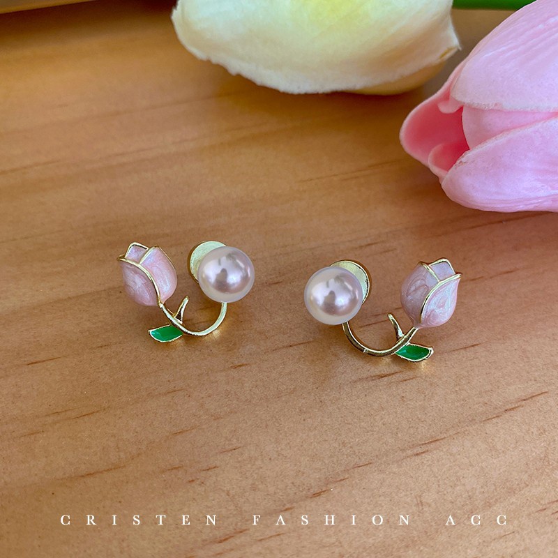 1 Pasang Anting Mutiara Bentuk Tulip Untuk Wanita