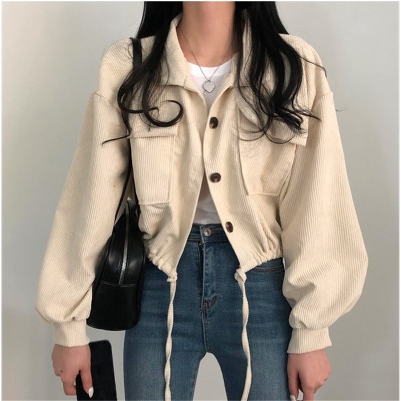 XIAOZHAINV Jaket Corduroy Wanita Korean Style Lengan Panjang Crop Top