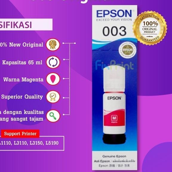 Tinta Original Epson 003 Printer L1110 L1210 L3110 L3210 L3116 L5296 - Magenta, Tanpa Box