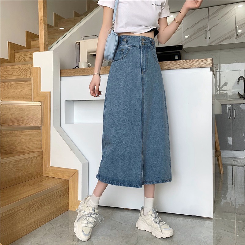 A-Line Rok Jeans Wanita Highwaist Rok Denim Korean Style