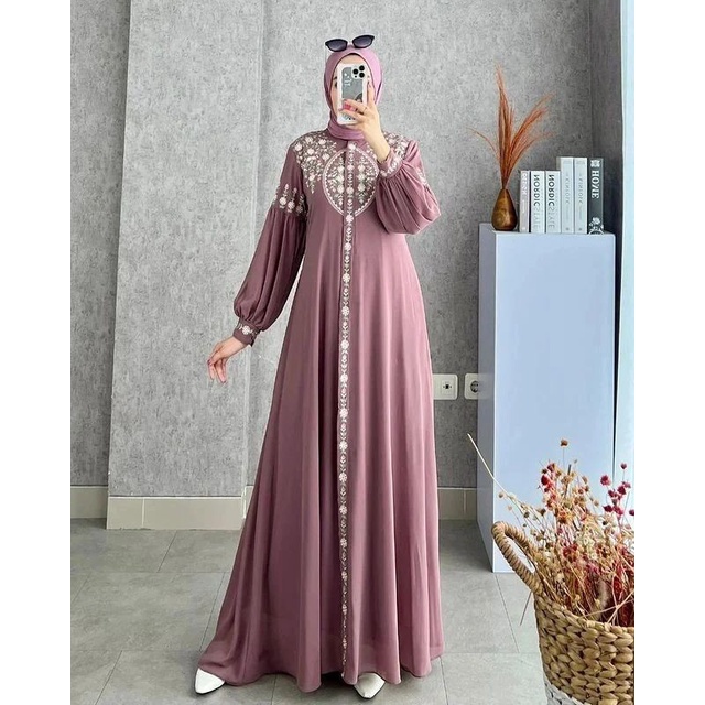 Diandra Maxy Baju Dress Kondangan Wanita Dewasa Bahan Ceruty Babydoll Mix Bordir Gamis Wanita Dewasa